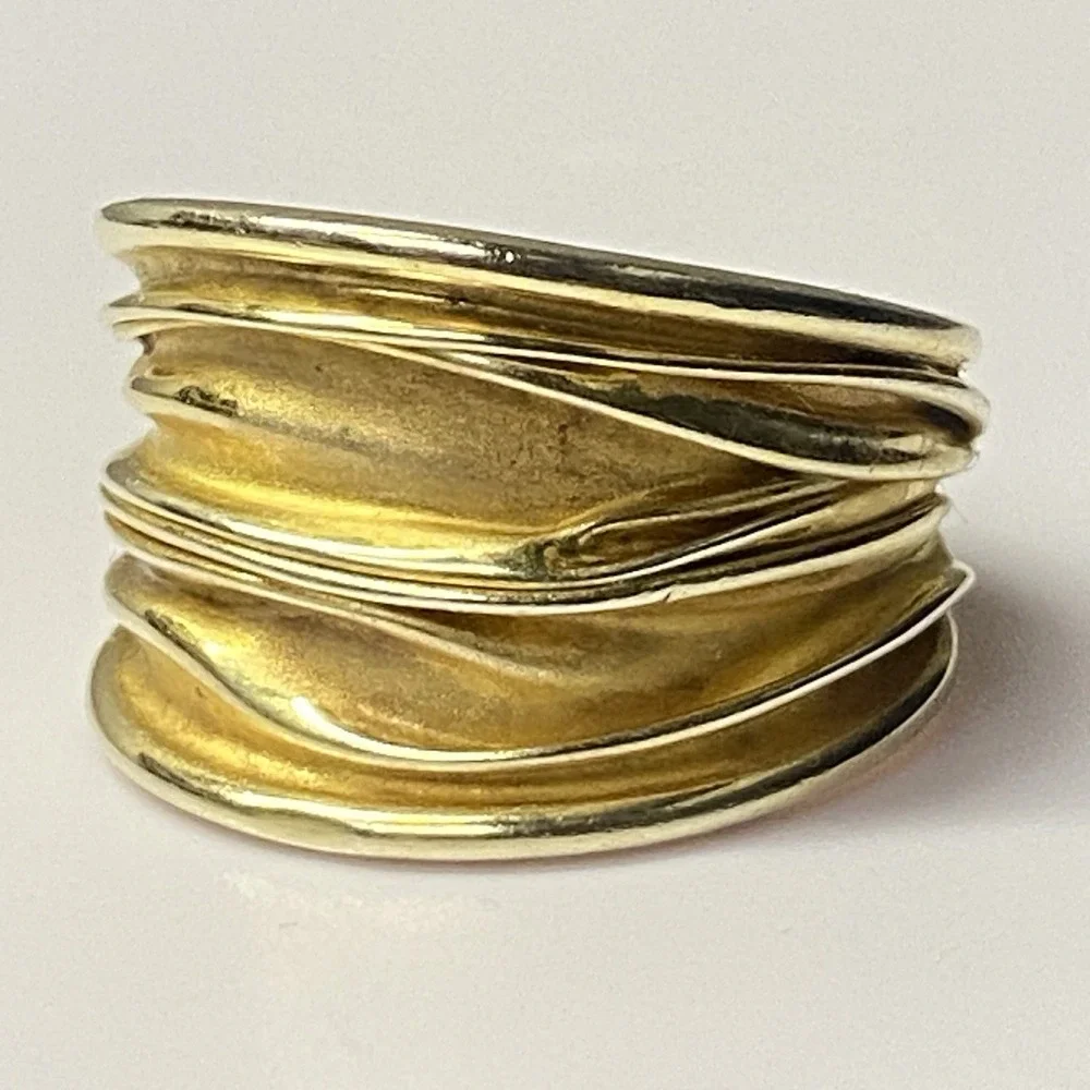 Wide Artisan 925 Gold Over Sterling Silver Ring Band Sz 8.75